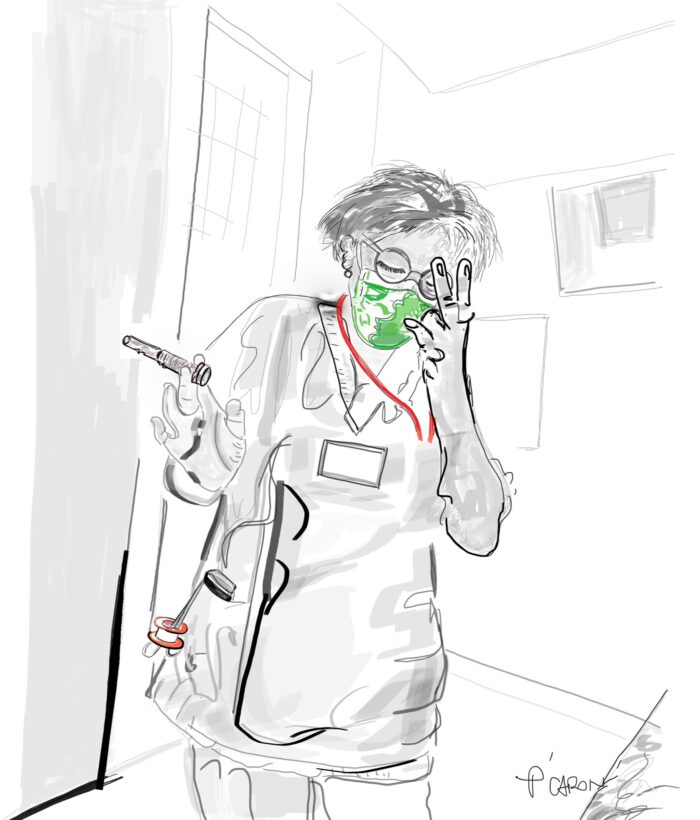 Dessin d’infirmière en piqûre à l’hôpital par Paule Caron